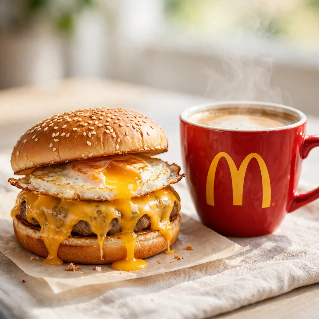 Frühstücks-Sandwich mit Kaffee, Symbolbild für McDonald's Frühstück Preise